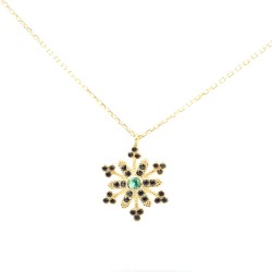 Black & Green CZ. 925 Sterling Silver Snowflake Necklace - Nusrettaki