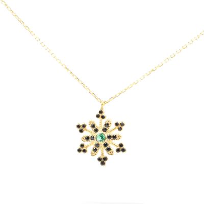 Black & Green CZ. 925 Sterling Silver Snowflake Necklace - 1