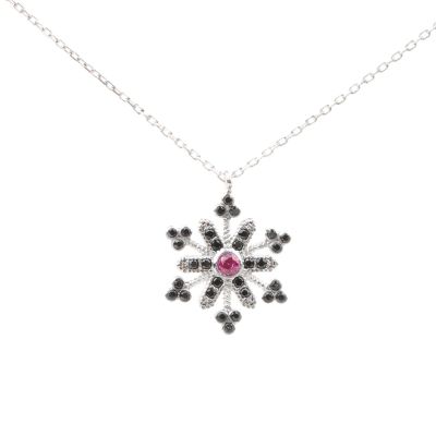 Black & Red CZ. 925 Sterling Silver Snowflake Necklace - 1