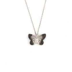 Butterfly Design 925 Sterling Silver Necklace with Black Zircon - Nusrettaki