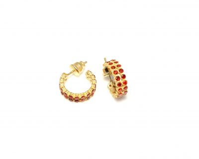 925 Gold Plated Silver C Model Stud Earrings with Red Zircons - 2