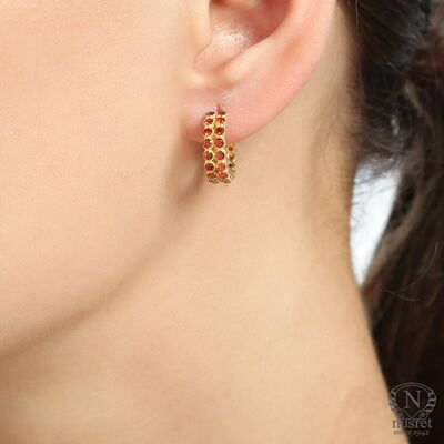 925 Gold Plated Silver C Model Stud Earrings with Red Zircons - 1