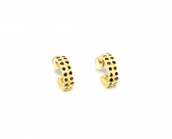 925 Gold Plated Silver C Model Stud Earrings with Black Zircons - Nusrettaki