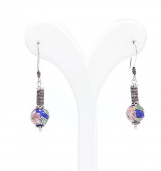 925 Sterling Silver Flower Pattern Enameled Ball Pieces Filigree Earrings - Nusrettaki