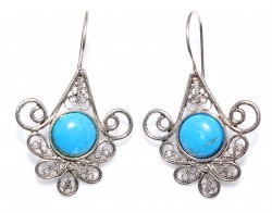 925 Silver Flower & Leaves Hoop Back Filigree Earrings with Turquoise - Nusrettaki (1)