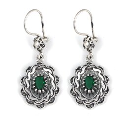 925 Sterling Silver Mirror Shaped Filigree Earrings with Emerald - Nusrettaki