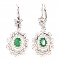 925 Sterling Silver Mirror Shaped Filigree Earrings with Emerald - Nusrettaki