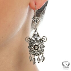 Circle Model 925 Silver Filigree Chandelier Earring, Flower Model - Nusrettaki