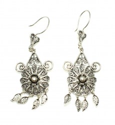 Circle Model 925 Silver Filigree Chandelier Earring, Flower Model - Nusrettaki (1)