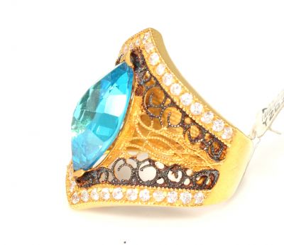 22 Ayar Altın Aquamarin Taşlı Döküm Yüzük - 2