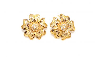 22K Gold Filigree Flower Model Stud Earrings - 2