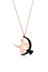 Flying Witch With Broom Necklace Pink Color - Black Stones Pink witch - 3