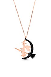 Flying Witch With Broom Necklace Pink Color - Black Stones Pink witch - Nusrettaki (1)