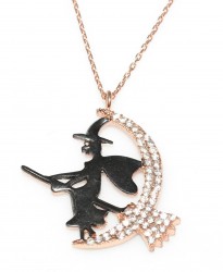 Flying Witch With Broom Necklace Pink Color - White Stones Black Witch - Nusrettaki