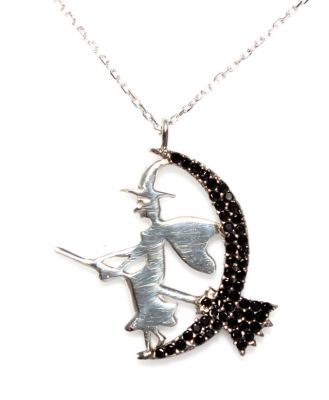 Flying Witch With Broom Necklace White Color - Black Stones White Witch - 3