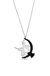 Flying Witch With Broom Necklace White Color - Black Stones White Witch - 2