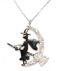 Flying Witch With Broom Necklace, White Color -White Stones Black Witch - 1