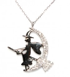 Flying Witch With Broom Necklace, White Color -White Stones Black Witch 