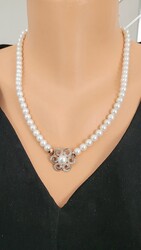 Silver Patterned Necklace with Pearl - Nusrettaki