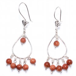 925 Silver Chandelier Hoop Filigree Earrings with Brown Star Stone - Nusrettaki