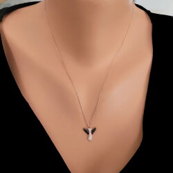 925 Ayar Gümüş Melek Kolye, Pembe Siyah - Beyaz Taş - Nusrettaki