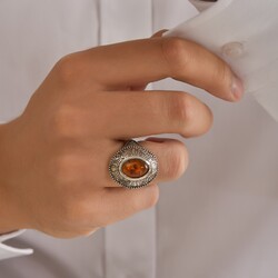 Gümüş Oval Gerçek Kehribar Taşlı Kalemli Erkek Yüzüğü - Thumbnail