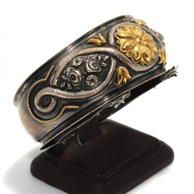 Desenli 24 Ayar Altın ve Gümüş Kakma Bilezik - 7