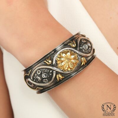 Desenli 24 Ayar Altın ve Gümüş Kakma Bilezik - 10