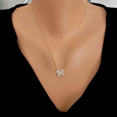 925 Ayar Gümüş Kelebek Model Kolye, Beyaz - Beyaz Taş - 5