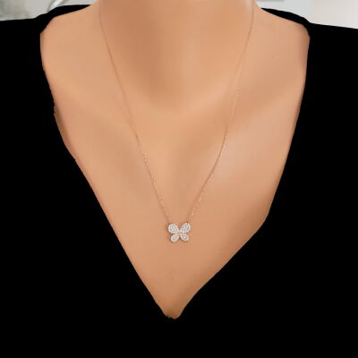 925 Ayar Gümüş Kelebek Model Kolye, Beyaz - Beyaz Taş - 3