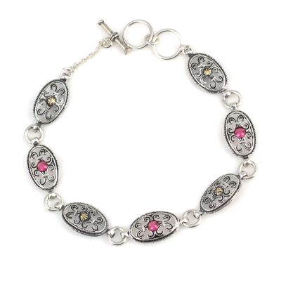 925 Ayar Gümüş ve Bronz Karışımı Oval Parçalı Kırmızı Taşlı Antik Bileklik - 1