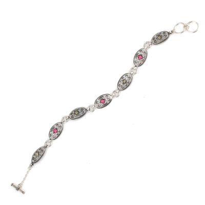 925 Ayar Gümüş ve Bronz Karışımı Oval Parçalı Kırmızı Taşlı Antik Bileklik - 4