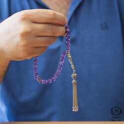 Nusrettaki - Küre Kesim Ametist Doğaltaş Gümüş Tesbih, Çiçek Desenli İmame