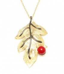 Leaf Necklace Gold Color - Red Round Coral - 1
