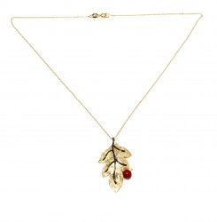 Leaf Necklace Gold Color - Red Round Coral - 2