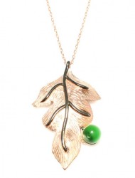 Leaf Necklace Pink Color - Green Round Malachite - Nusrettaki