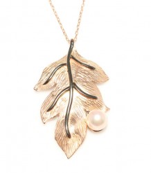 Leaf Necklace Pink Color - Pink Round Pearl - Nusrettaki