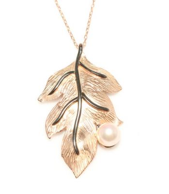 Leaf Necklace Pink Color - Pink Round Pearl - 1