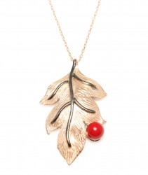 Leaf Necklace Pink Color - Red Round Coral - Nusrettaki