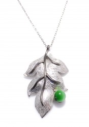 Leaf Necklace White Color - Green Round Zircon - Nusrettaki (1)