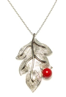 Leaf Necklace White Color - Red Round Coral - 1