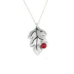 Leaf Necklace White Color - Red Round Coral - Nusrettaki