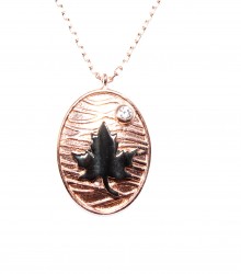 Leaf With Backround Pattern Necklace Pink Black Color - White Stones - Nusrettaki (1)