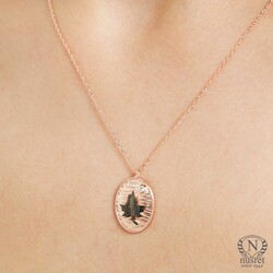 Leaf With Backround Pattern Necklace Pink Black Color - White Stones - Nusrettaki