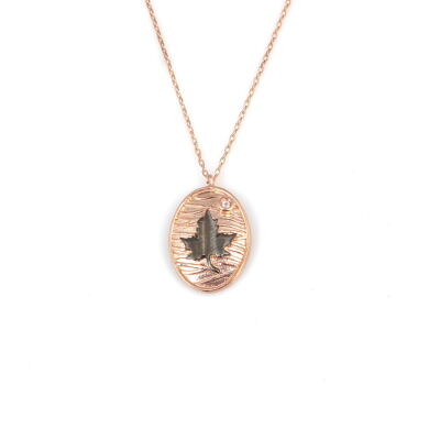 Leaf With Backround Pattern Necklace Pink Black Color - White Stones - 2