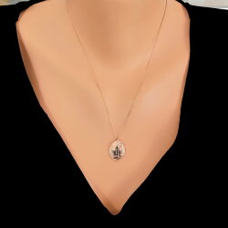 Leaf With Backround Pattern Necklace Pink Black Color - White Stones - Nusrettaki