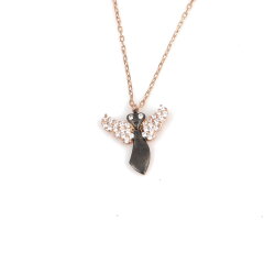 925 Ayar Gümüş Melek Modeli Kolye, Pembe Siyah - Beyaz Taş - Nusrettaki (1)