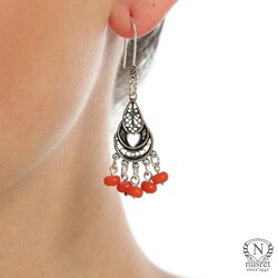 925 Silver Heart Patterns Dangle Filigree Earrings with Red Coral Stone - Nusrettaki