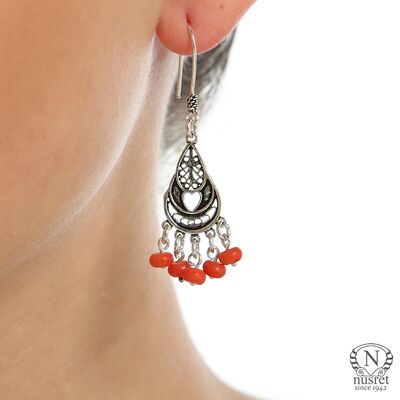 925 Silver Heart Patterns Dangle Filigree Earrings with Red Coral Stone - 1