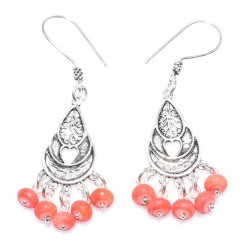 925 Silver Heart Patterns Dangle Filigree Earrings with Red Coral Stone - Nusrettaki (1)